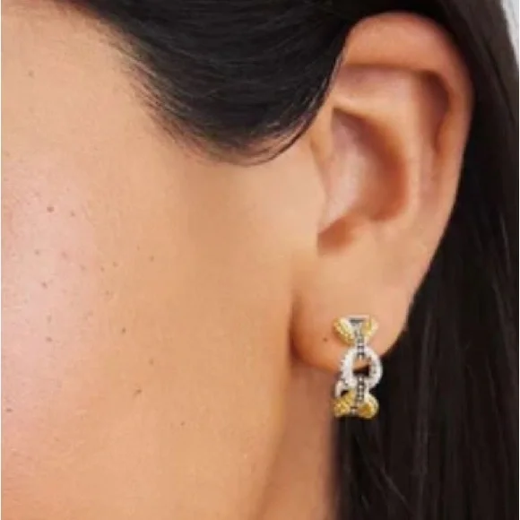 LAGOS Two-Tone Gold and Silver Beaded Link Hoop Earrings with Pavé - Picture 2 of 2